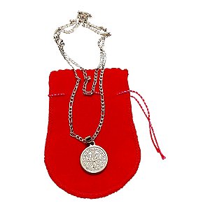 COLAR CORRENTE AÇO INOX FÍGARO MEDALHA SÃO BENTO 2CM RELEVO