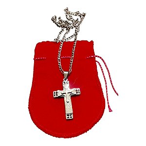 COLAR CORRENTE AÇO INOX FÍGARO 60 cm CRUZ ORAÇÃO PAI NOSSO