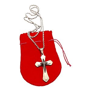 COLAR TRANÇADO CORDÃO BAIANO AÇO INOX 60 CM PINGENTE CRUZ