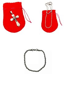 COLAR pulseira TRANÇADO CORDÃO BAIANO AÇO INOX PINGENTE CRUZ