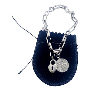 Pulseira inox Medalha São Bento Coração Consagração Cadeado