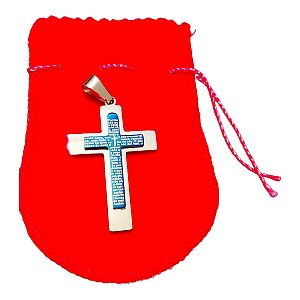 PINGENTE AÇO INOX PRATA CRUZ RELEVO AZUL ORAÇÃO RELIGIOSO