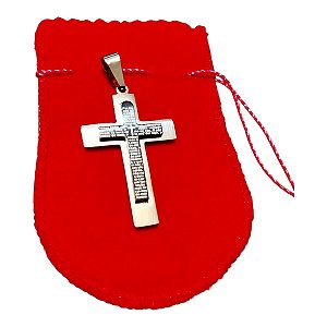 PINGENTE AÇO INOX PRATA CRUZ RELEVO PRETO ORAÇÃO RELIGIOSO