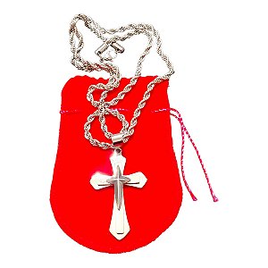 COLAR CORRENTE CORDÃO BAIANO AÇO INOX TRANÇADA CRUZ RELEVO