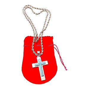 COLAR CORRENTE BAIANO AÇO INOX TRANÇADA cruz AZUL ORAÇÃO