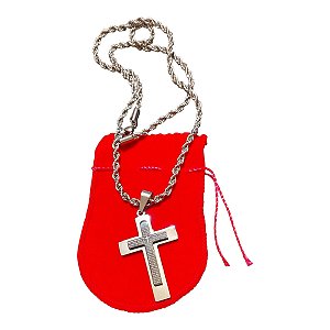 COLAR CORRENTE BAIANO AÇO INOX TRANÇADA cruz DOURADA ORAÇÃO