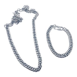 kit Corrente e pulseira Grumet Elo Duplo Aço Inox Grossa