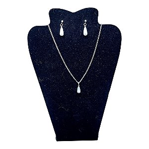 Conjunto CHOKER Colar Brinco Aço Inox Pérola Gota Dágua 6MM