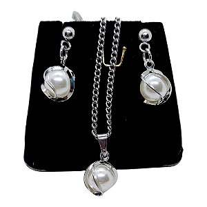 Conjunto Feminino GARGANTILHA Colar Brinco Aço Inox Pérola