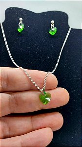 Colar Brinco zircônia Ponto De Luz CORAÇÃO Aço Inox VERDE