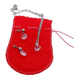 CONUNTO Colar Brinco Ponto De Luz CORAÇÃO ROSA Aço Inox