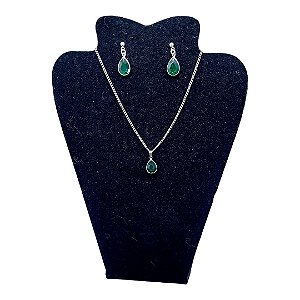 Conjunto Colar Brinco zircônia Ponto Luz GOTA VERDE AÇO INOX