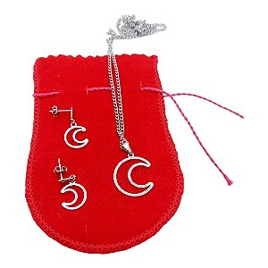 Conjunto Feminino AÇO INOX CHOKER Colar Brinco LUA PRATA