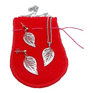 Conjunto Feminino AÇO INOX CHOKER Colar Brinco FOLHA PRATA