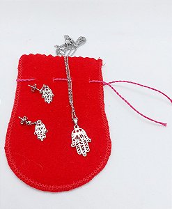 Conjunto Feminino AÇO INOX Colar Brinco Mão de Fátima Hamsa