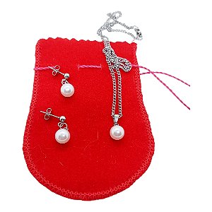 Conjunto Feminino Colar Brinco Aço Inox Pérolas 7 MM Prata