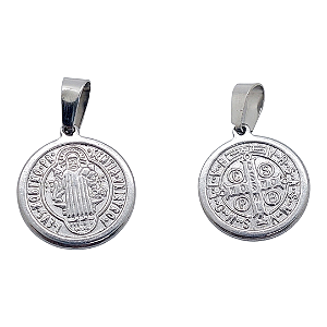 Pingente Aço Inox MEDALHA de SÃO BENTO RELEVO PRATA