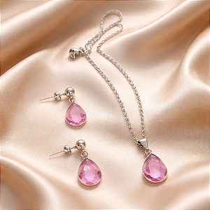 Conjunto Colar Brinco zircônia Ponto Luz GOTA ROSA AÇO INOX