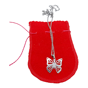 Colar CHOKER FEMININO AÇO INOX PINGENTE BORBOLETA PRATA