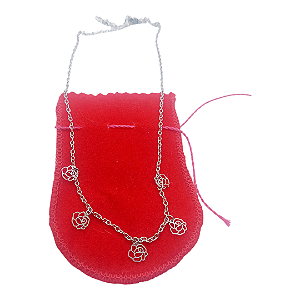 Colar CHOKER FEMININO AÇO INOX 5 ROSA FLOR Elegante PRATA