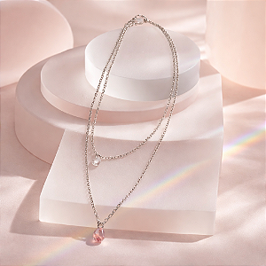 Colar CHOKER Duplo Luxo Brilhante Gota ROSA e Ponto de Luz