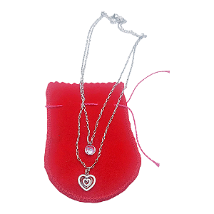 Colar CHOKER Duplo AÇO INOX Pingente Coração e Ponto de Luz