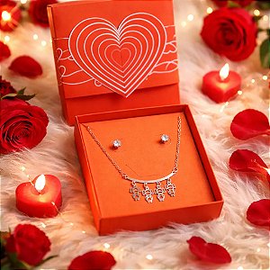 Presente Colar Choker + Brinco + Caixa Mãe 4 Filhas Aço Inox