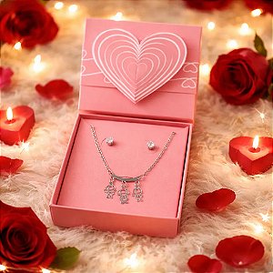 Colar+Brinco+Caixa Presente Mãe Aço Inox 2MENINOS 1Menina