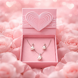 Kit Presente Romântico Colar + Brinco Pérola Caixa Coração