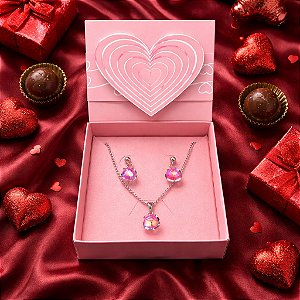 Conjunto Colar e Brinco Luxo Aço Inox+Caixa Coração Presente