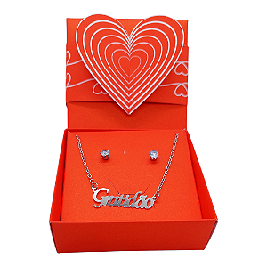 Colar + brinco + caixa presente AÇO INOX PINGENTE GRATIDÃO