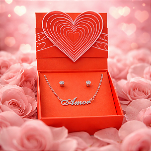 Colar CHOKER +brinco + caixa presente AÇO INOX PINGENTE AMOR