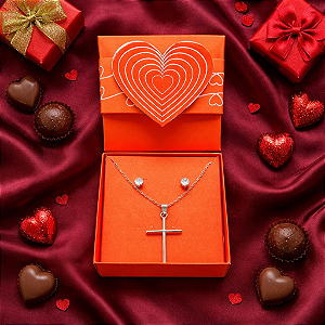 Colar CHOKER+brinco + caixa presente AÇO INOX CRUCIFIXO CRUZ