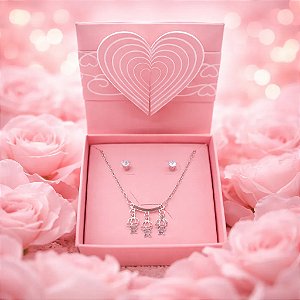 Colar Choker + Brinco + Caixa Presente Mãe Filho Aço Inox