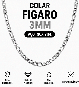 Colar Corrente Figaro 3mm Aço Inox 60cm Não Escurece