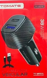 CARREGADOR VEICULAR PARA IPHONE COM PORTA USB E TYPE-C 38W TOMATE TC-3801UL