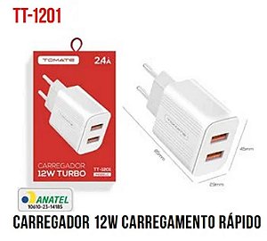 CARREGADOR TURBO COM 2 PORTAS USB 12W TOMATE TT-1201
