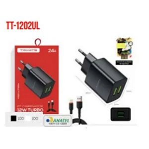 CARREGADOR PARA IPHONE TURBO COM 2 PORTAS USB 12W 2.4A TOMATE TT-1202UL