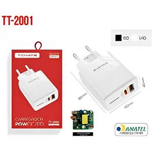 CARREGADOR TURBO COM PORTA USB E USB-C 20W TOMATE TT-2001