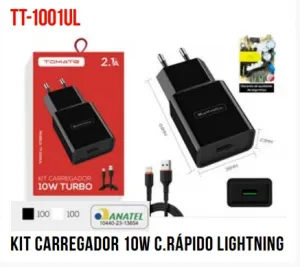 KIT CARREGADOR PARA IPHONE TURBO 10W 2.1A TOMATE TT-1001UL