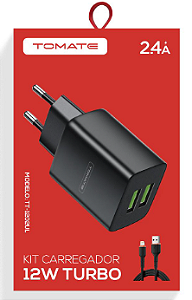 CARREGADOR PARA IPHONE TURBO COM 2 PORTAS USB 12W 2.4A TOMATE TT-1202UL