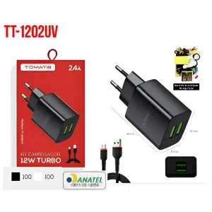 CARREGADOR PARA V8 TURBO COM 2 PORTAS USB 12W 2.4A TOMATE TT-1202UV