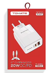 CARREGADOR TYPE-C PARA IPHONE COM 1 PORTA USB E TYPE-C 20W TOMATE TT-2001CL