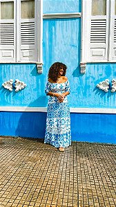 VESTIDO GRÉCIA COM MANGA PRINCESA-  COLEÇÃO - AZULEJOS - AZUL