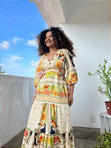 VESTIDO FENDA LATERAL-  COLEÇÃO - AURA SERENA- COLORIDO