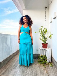 VESTIDO MANU ESTILO FARM-VISCOCREPE-AZUL- TAMANHO - ÚNICO