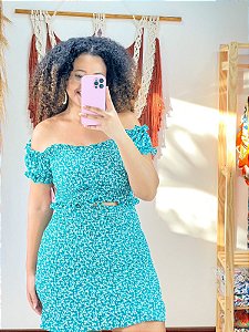 CONJUNTO LASTEX ESTAMPADO MANGA CURTA -CURTO - VERÃO  -AZUL- CREPE