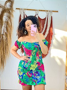 VESTIDO LASTEX ESTAMPADO MANGA CURTA -CURTO - VERÃO  -VERDE- CREPE