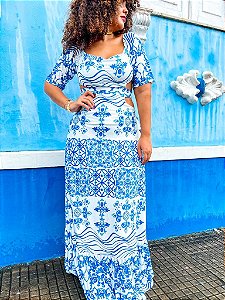 VESTIDO GRÉCIA C/ MANGA PRINCESA - COLEÇÃO AZULEJOS - AZUL