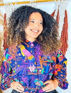 BLUSA BOTÕES - TROPICAL VIBRANTE -ESTAMPADO - VISCOSE PRÉ LAVADO